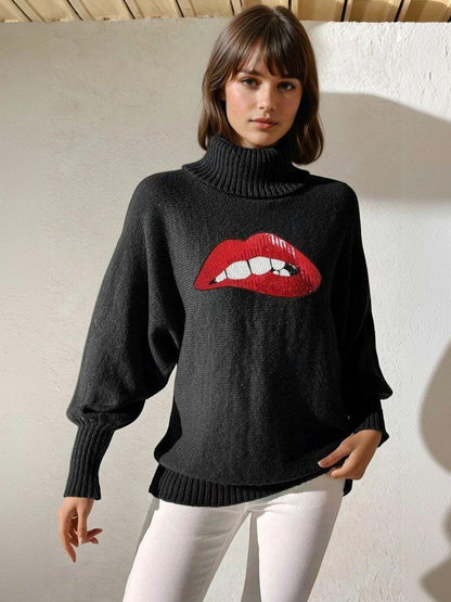 Printed Pullover with Embellished Detail in Black acrylic - Nowi Korean Fashion