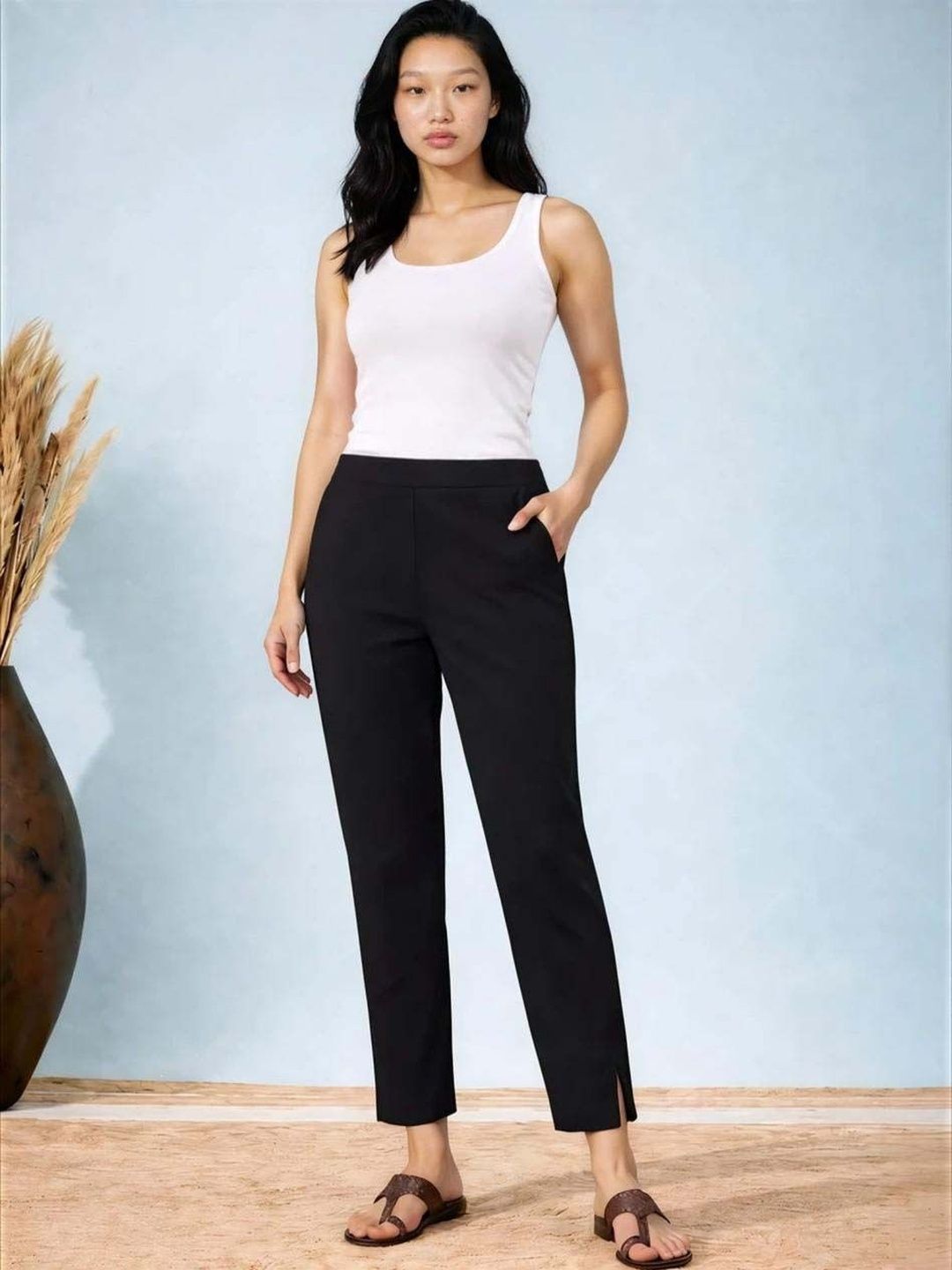 Wrinkle Free Trousers in Black polyester Style 73 - Nowi Korean Fashion