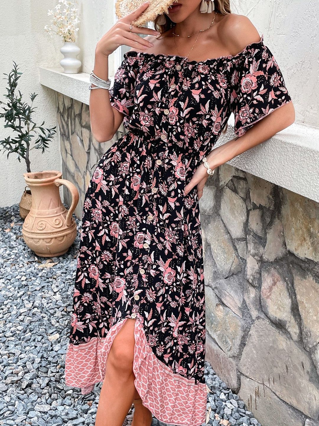 Floral Print Off-Shoulder Maxi Midi Dress