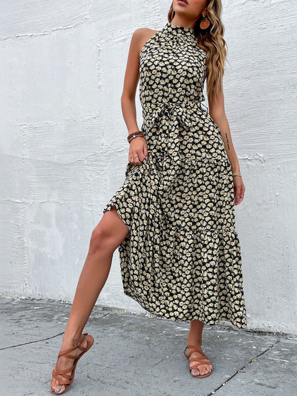 Floral Print Halter Neck A-Line Midi Dress