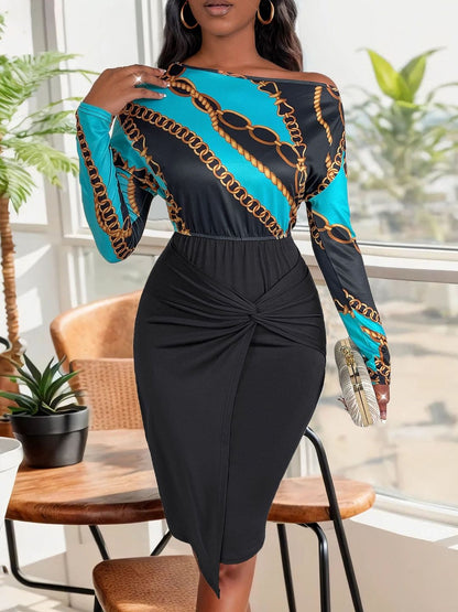 Women's Black Print Off-Shoulder Batwing Sleeve Bodycon