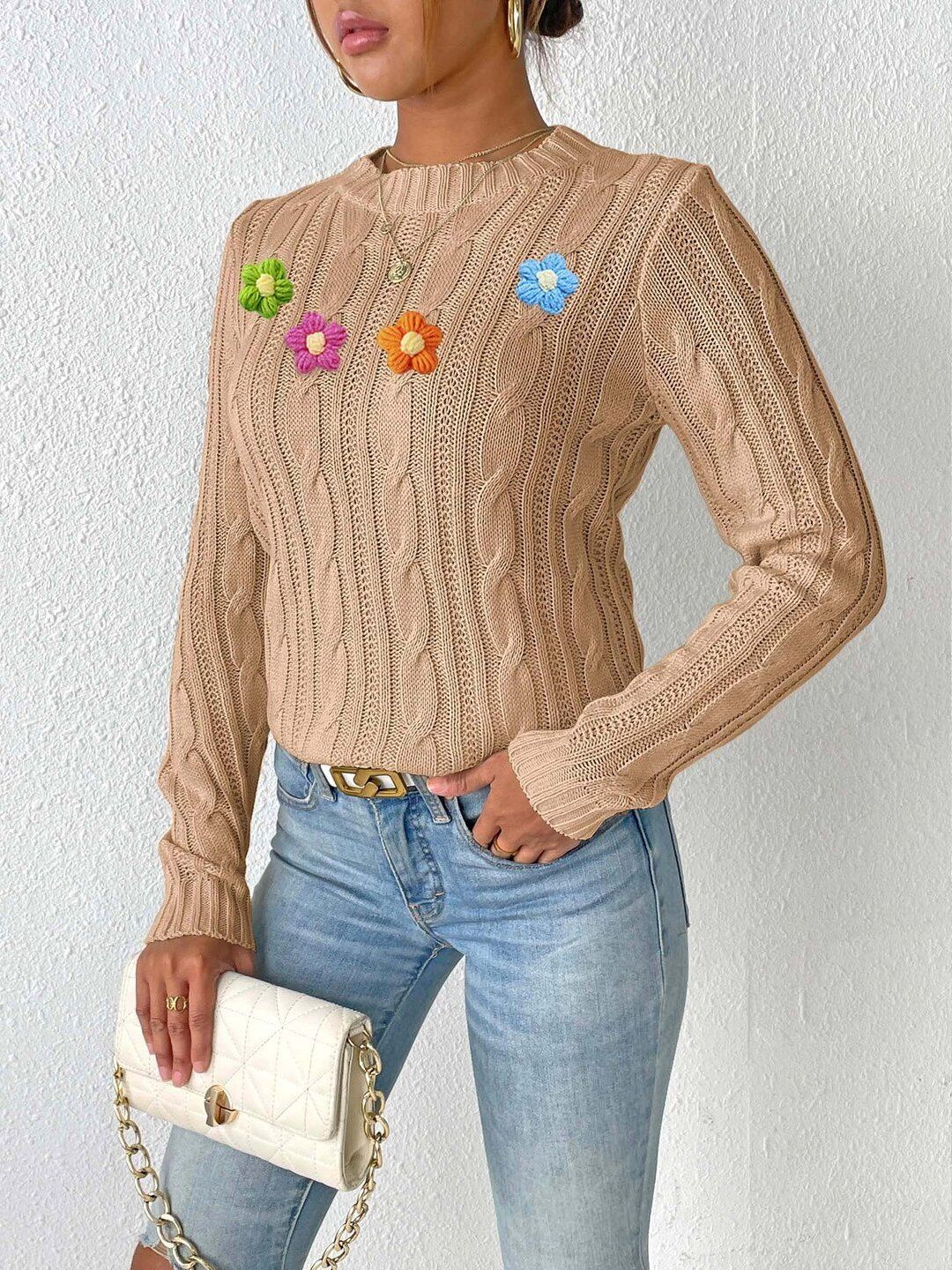 Women Cable Knit Pullover with Applique Detail