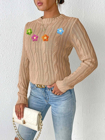 Women Cable Knit Pullover with Applique Detail