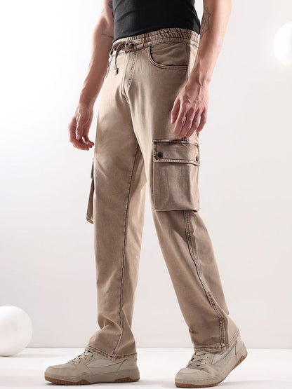 Jogger Mid-Rise Light Fade Stretchable Jeans in Brown cotton - Nowi Korean Fashion
