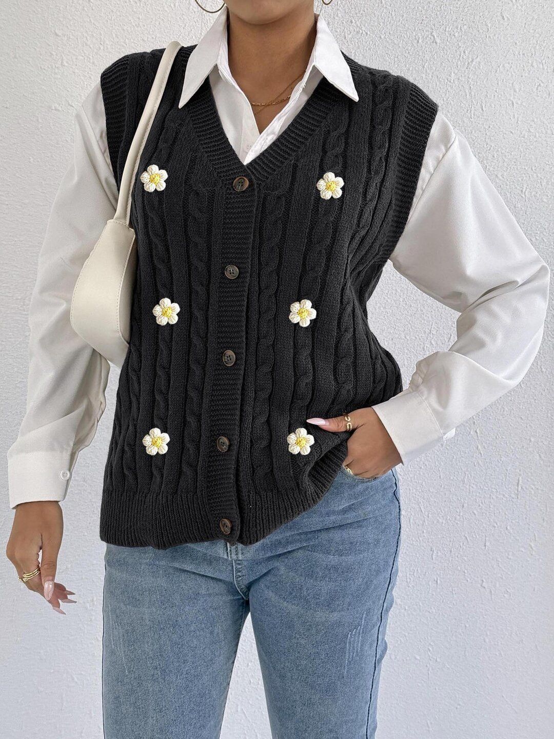 Women Cable Knit Colourblocked Sweater Vest with Applique Detail