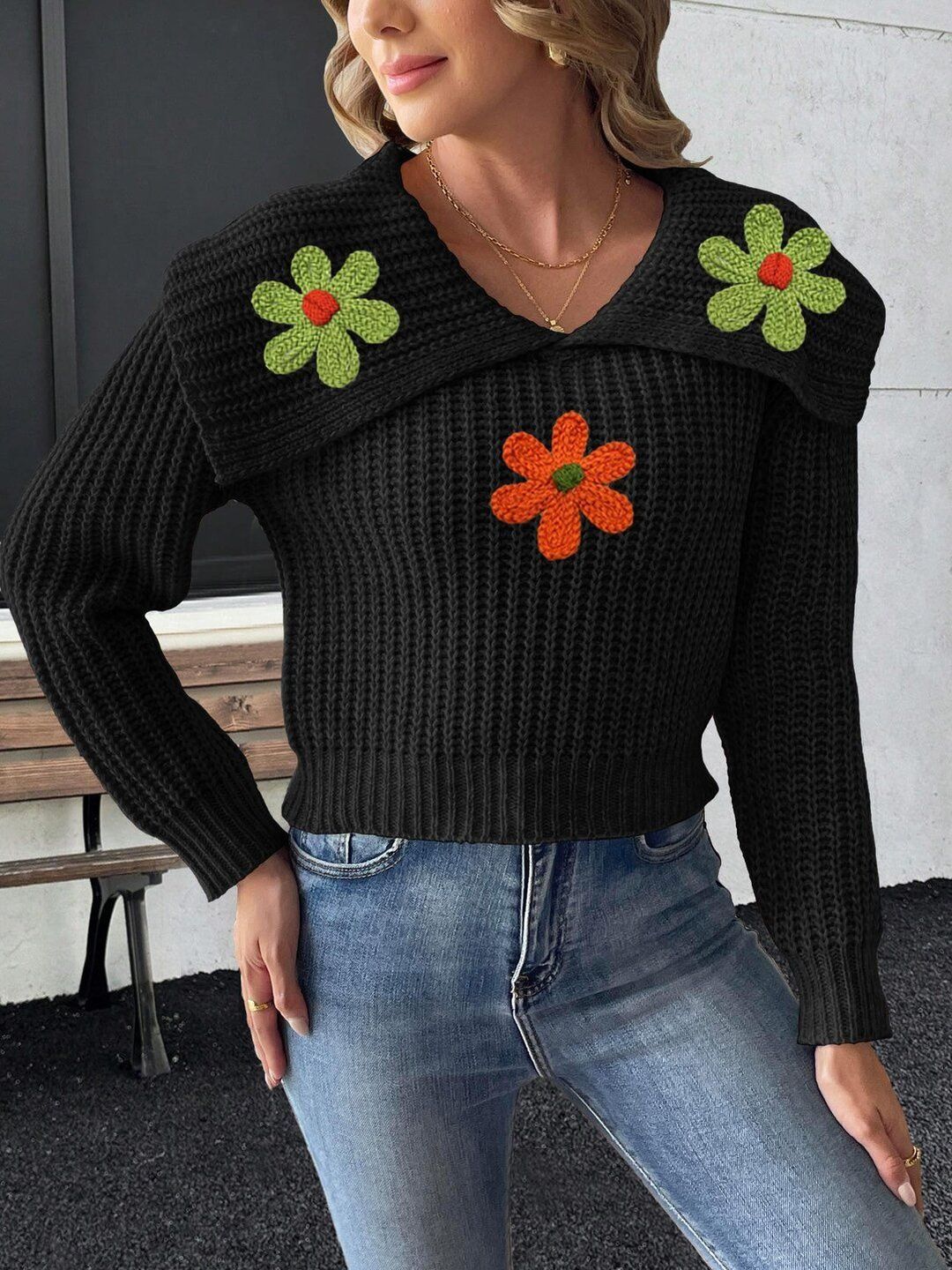 Women Cable Knit Pullover with Applique Detail
