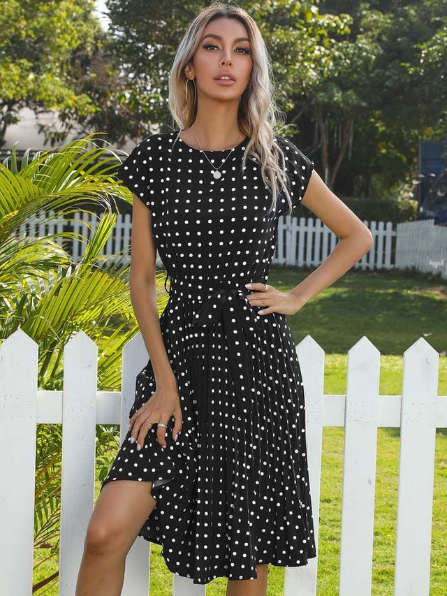 Polka Dot Print Fit & Flare Midi Dress in Black polyester - Nowi Korean Fashion