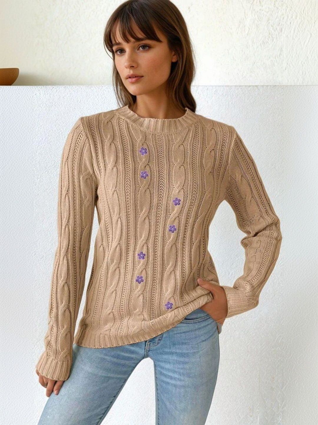 Cable Knit Pullover with Embroidered Detail in Beige acrylic - Nowi Korean Fashion