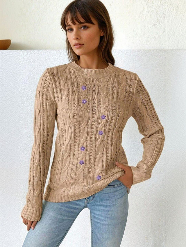 Cable Knit Pullover with Embroidered Detail in Beige acrylic - Nowi Korean Fashion