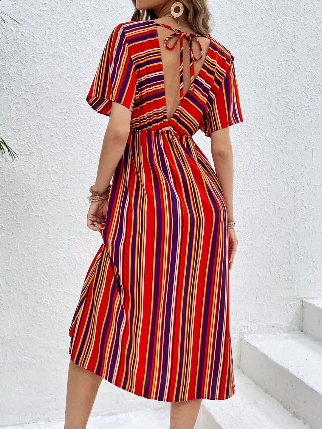 Striped Flared Sleeve A-Line Midi Dress