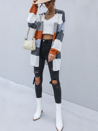 Women's White Colourblocked Cardigan Blend Printed