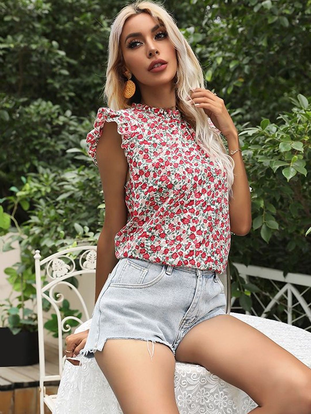 Floral Print Flutter Sleeve Ruffles Cotton Top