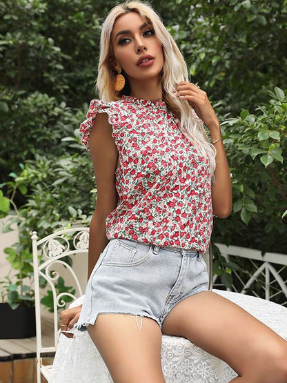 Floral Print Flutter Sleeve Ruffles Cotton Top
