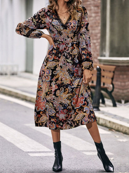 Women's Black Print Midi Dress Blend Printed Regular Fit