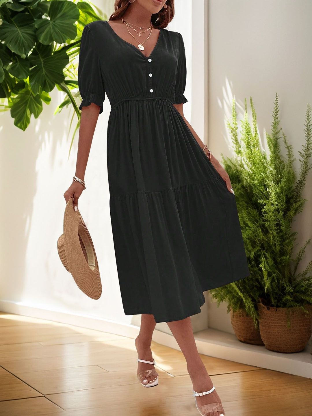 Puff Sleeve A-Line Midi Dress in Black polyester - Nowi Korean Fashion
