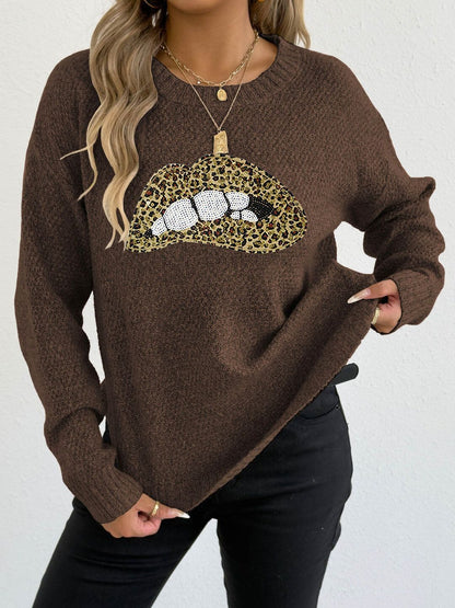 Animal Printed Pullover with Embellished Detail in Brown acrylic - Nowi Korean Fashion