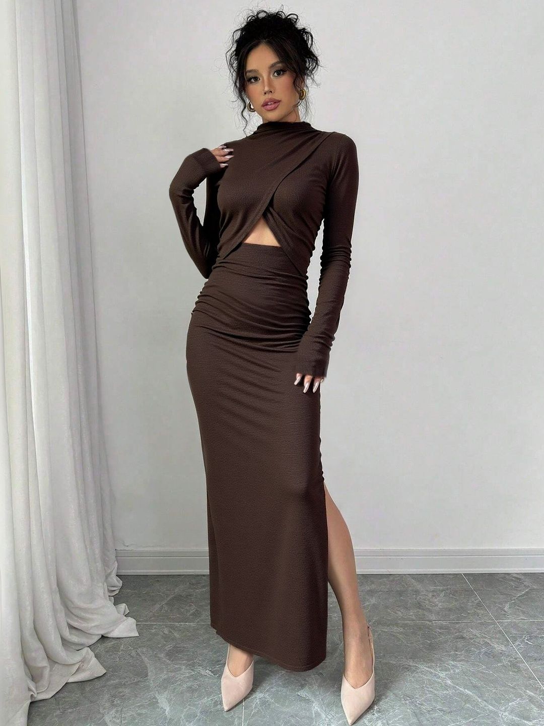 Bodycon Maxi Dress in Brown Style 441 - Nowi Korean Fashion