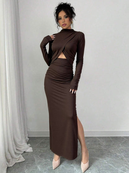 Bodycon Maxi Dress in Brown Style 441 - Nowi Korean Fashion