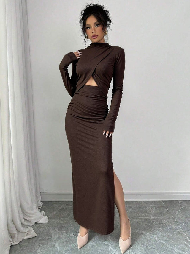 Bodycon Maxi Dress in Brown Style 441 - Nowi Korean Fashion