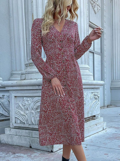Women's Red Floral Print A-Line Midi Dress Blend