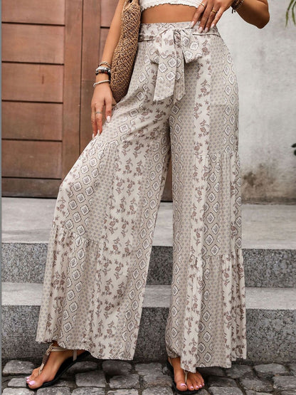 Printed Loose Fit Non Iron Trousers in Beige cotton - Nowi Korean Fashion