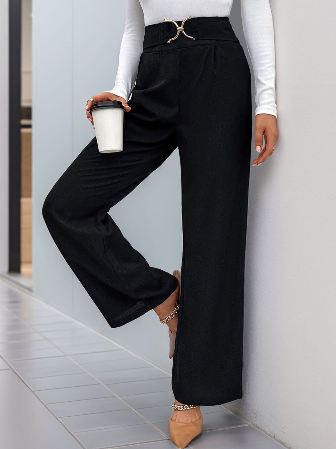 Women High-Rise Pleated Trousers