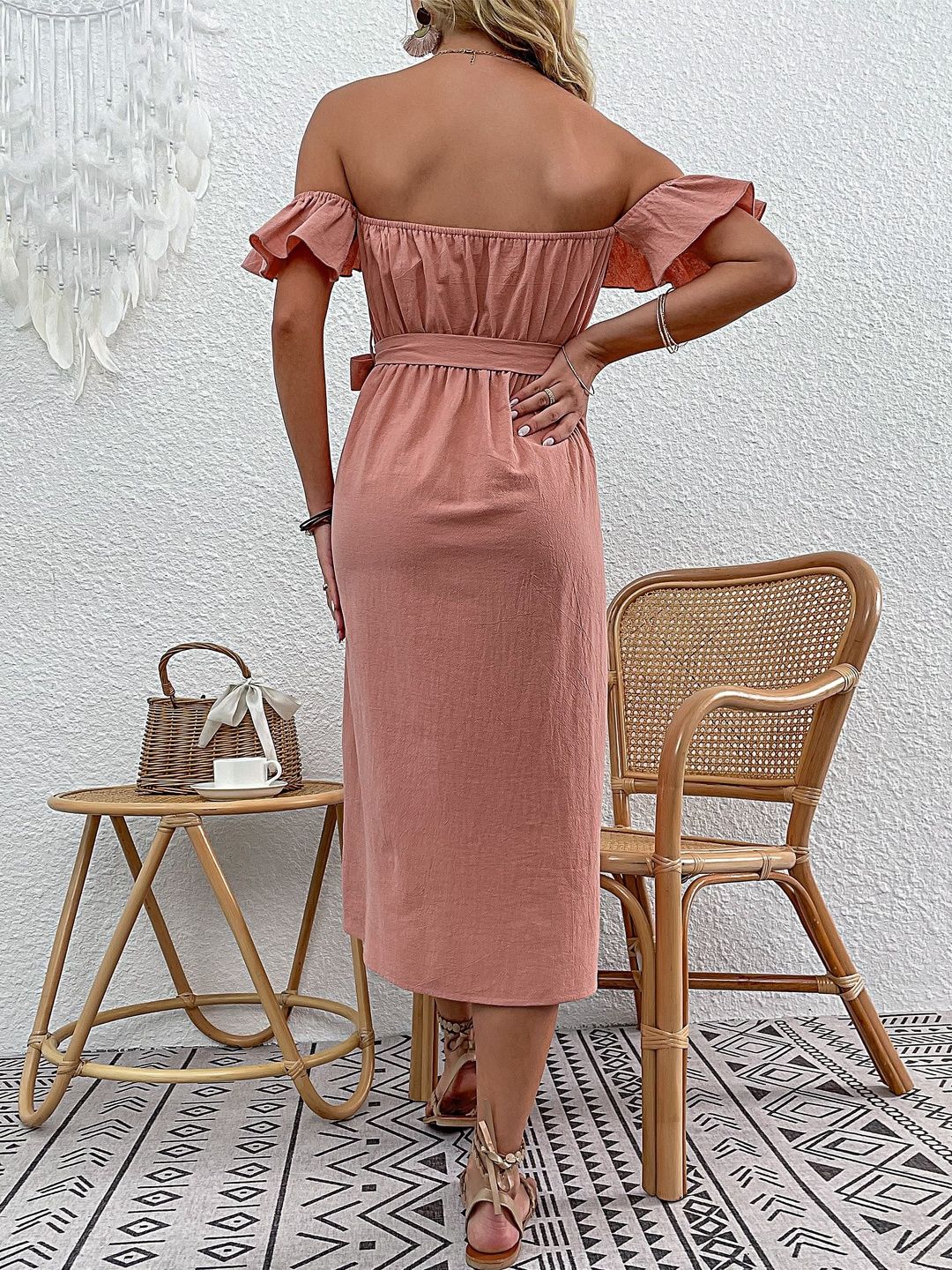 Off-Shoulder Flutter Sleeve Ruffled A-Line Midi Dress