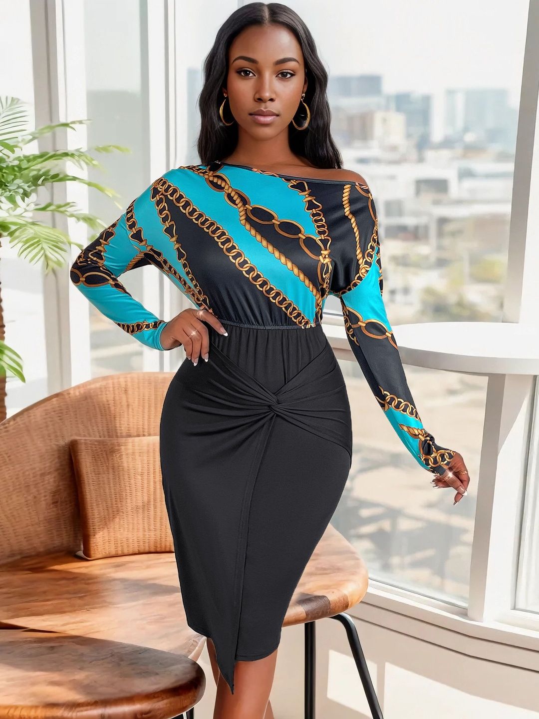 Women's Black Print Off-Shoulder Batwing Sleeve Bodycon