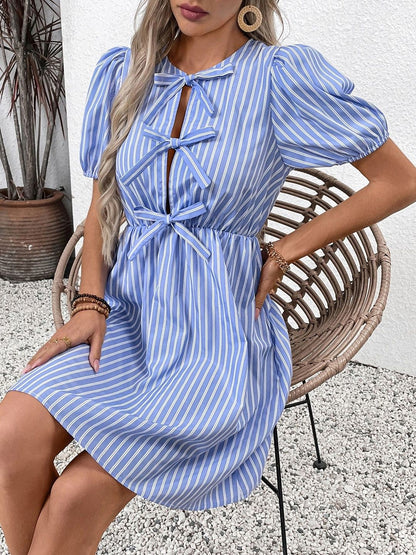 Striped Puff Sleeve Fit & Flare Dress