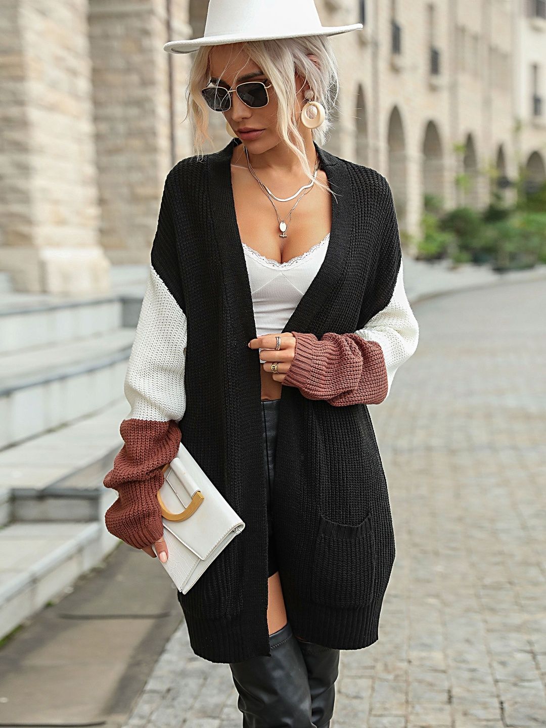 Colourblocked Cardigan in Black Style 367 - Nowi Korean Fashion