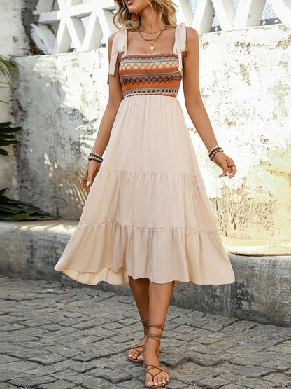 Bohemian Colourblocked Midi Dress with Sleeveless Design in Beige synthetic - Nowi Korean Fashion
