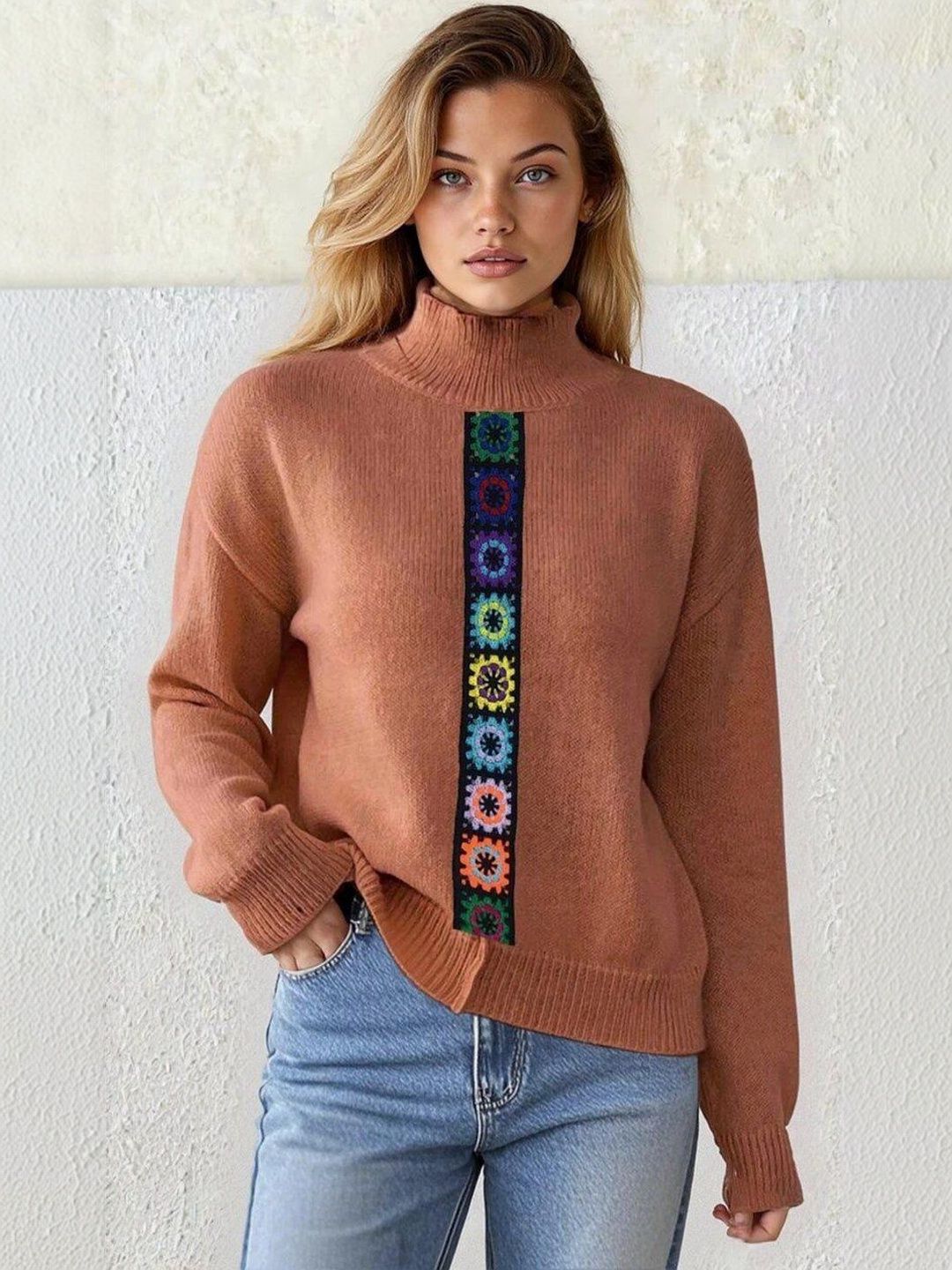 Printed Pullover with Embellished Detail in Brown acrylic - Nowi Korean Fashion