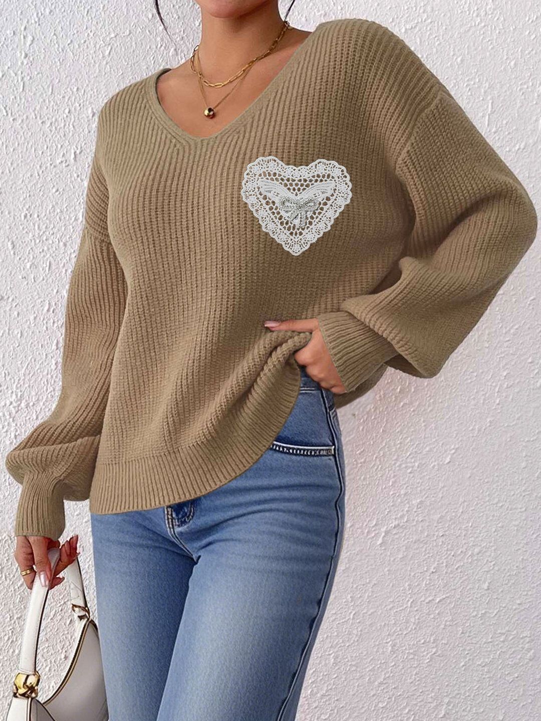 Ribbed Pullover with Applique Detail in Brown acrylic - Nowi Korean Fashion