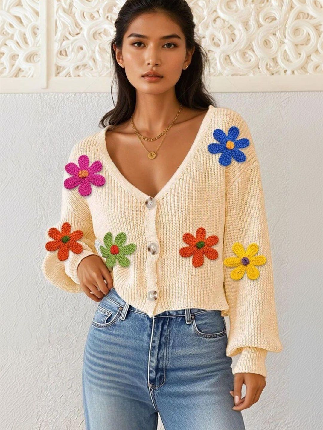 Ribbed Crop Cardigan with Applique Detail in Beige cotton - Nowi Korean Fashion
