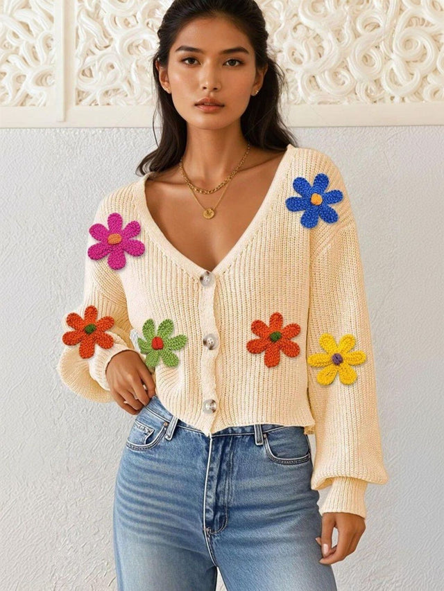 Ribbed Crop Cardigan with Applique Detail in Beige cotton - Nowi Korean Fashion