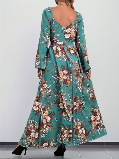 Women's Green Floral Print Fit & Flare Maxi Dress