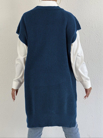 Women Ribbed Longline Sweater Vest with Applique Detail