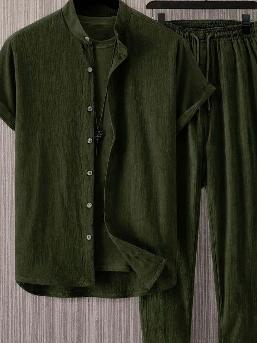 Green Mandarin Collar Shirt with Trousers Co-Ords
