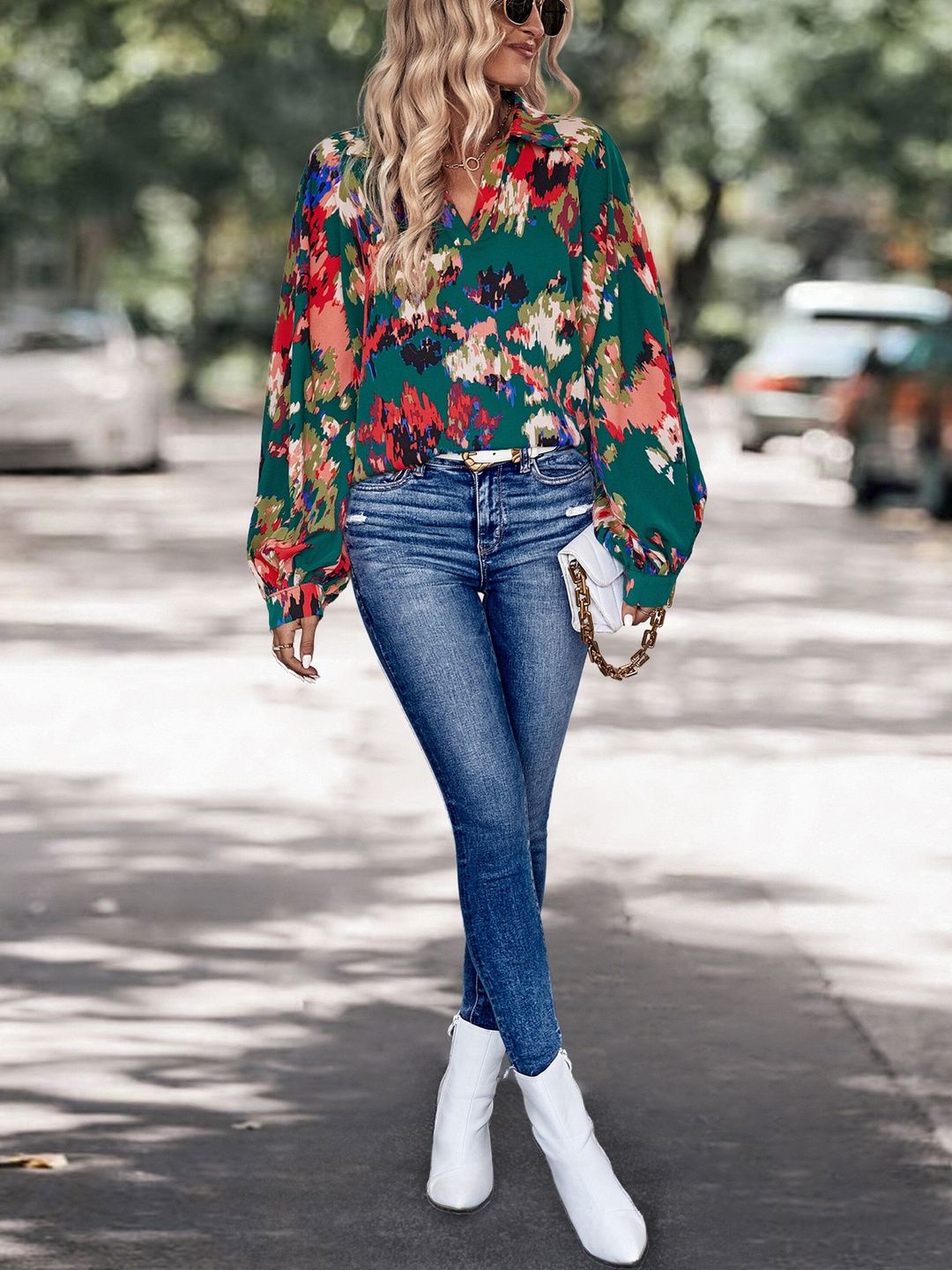 Print Bishop Sleeves Top in Green - Nowi Korean Fashion