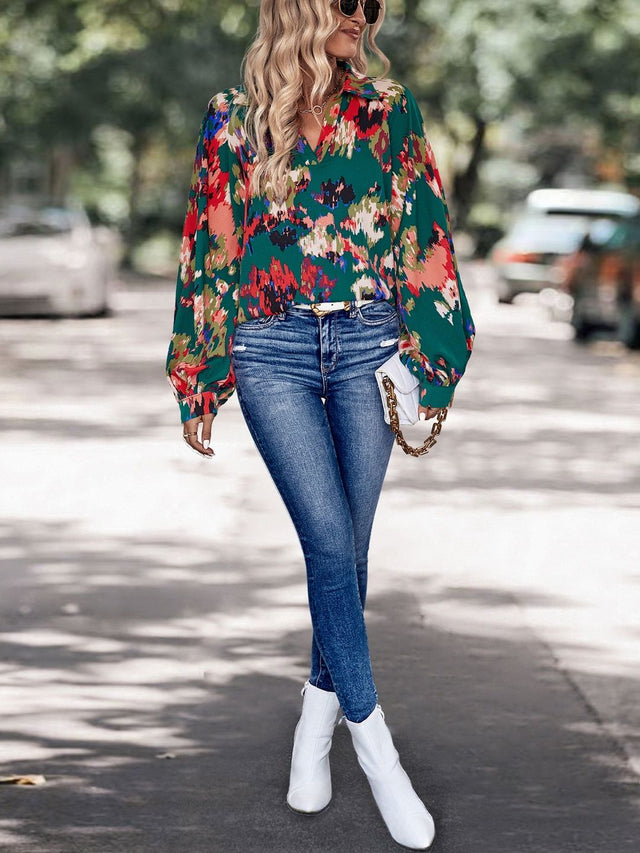Print Bishop Sleeves Top in Green - Nowi Korean Fashion