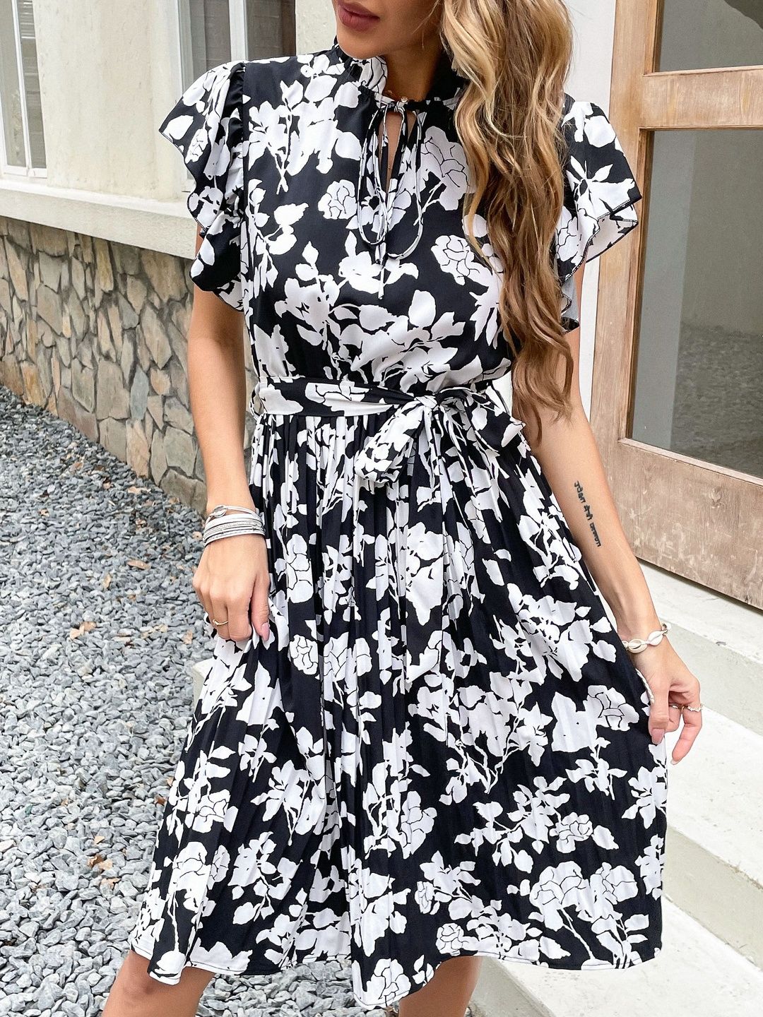 Floral Print Flutter Sleeve Fit & Flare Dress