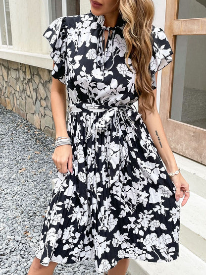 Floral Print Flutter Sleeve Fit & Flare Dress