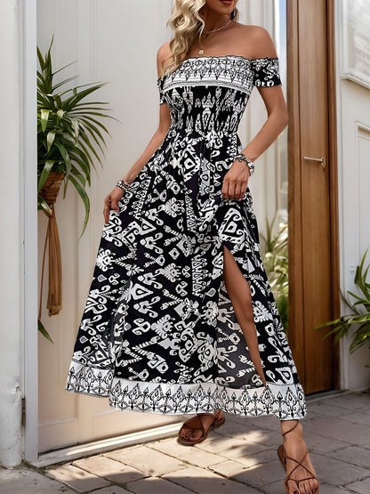 Ethnic Motif Off-Shoulder Maxi Dress in Black cotton Printed - Nowi Korean Fashion