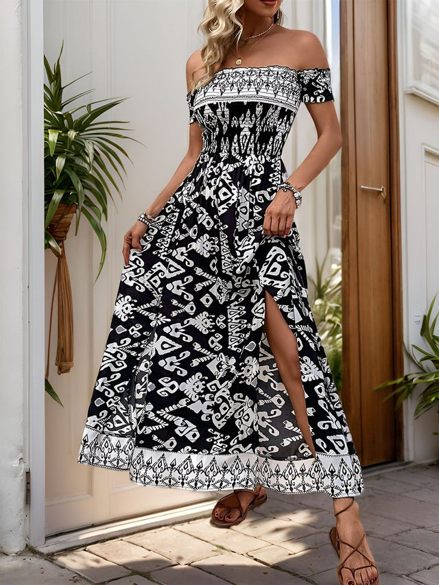 Ethnic Motif Off-Shoulder Maxi Dress in Black cotton Printed - Nowi Korean Fashion