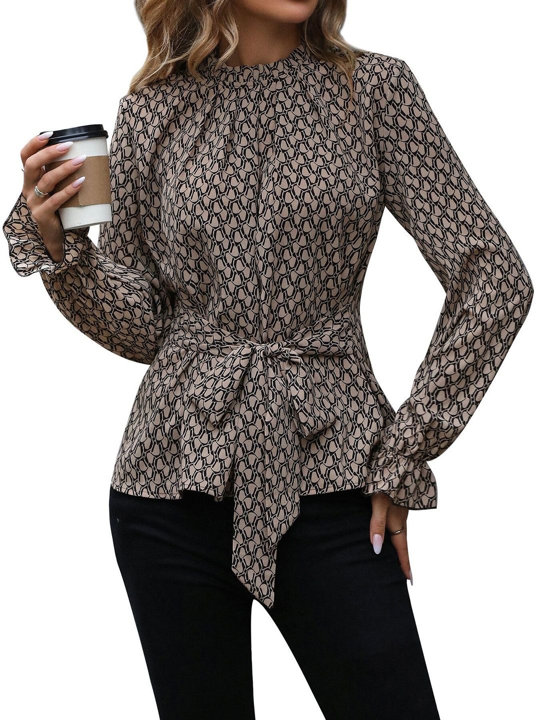 Print Flared Sleeve Ruffles Wrap Top in Beige - Nowi Korean Fashion