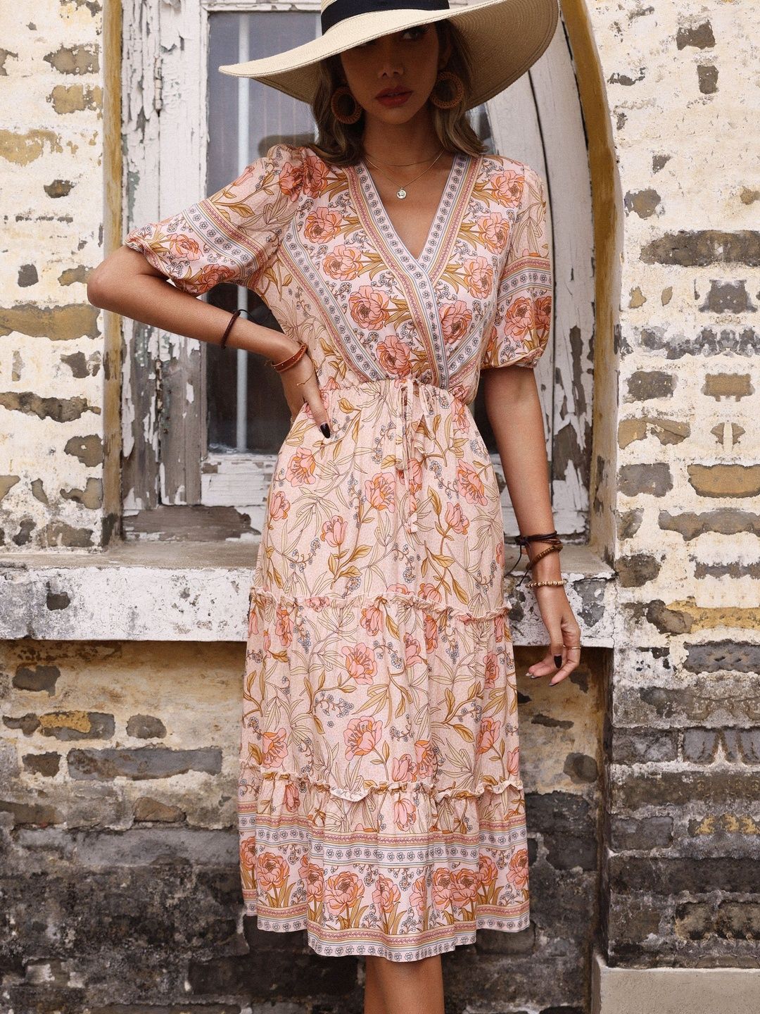 Floral Print A-Line Midi Dress in Pink cotton - Nowi Korean Fashion