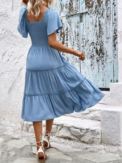 Off-Shoulder Flutter Sleeve Fit & Flare Midi Dress