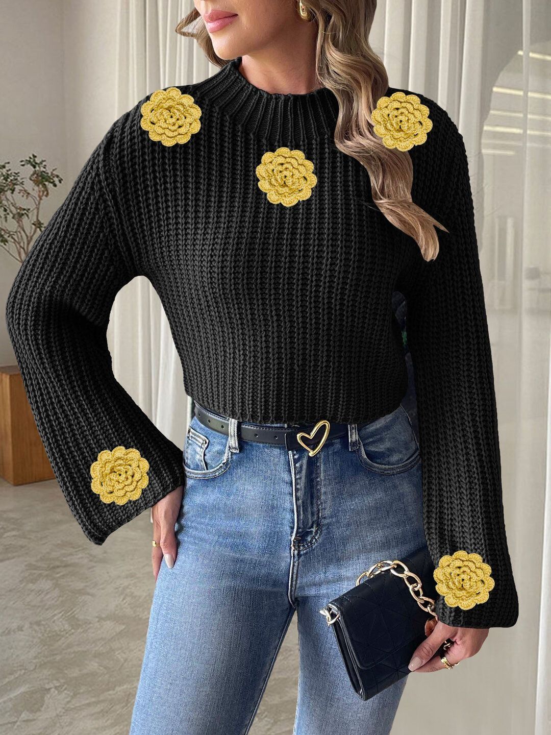 Women Ribbed Crop Pullover with Applique Detail