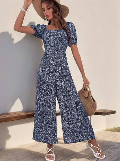 Printed Culotte Jumpsuit in Blue cotton - Nowi Korean Fashion