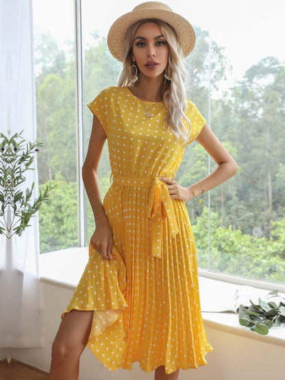 Women's Yellow Polka Dot Print A-Line Midi Dress